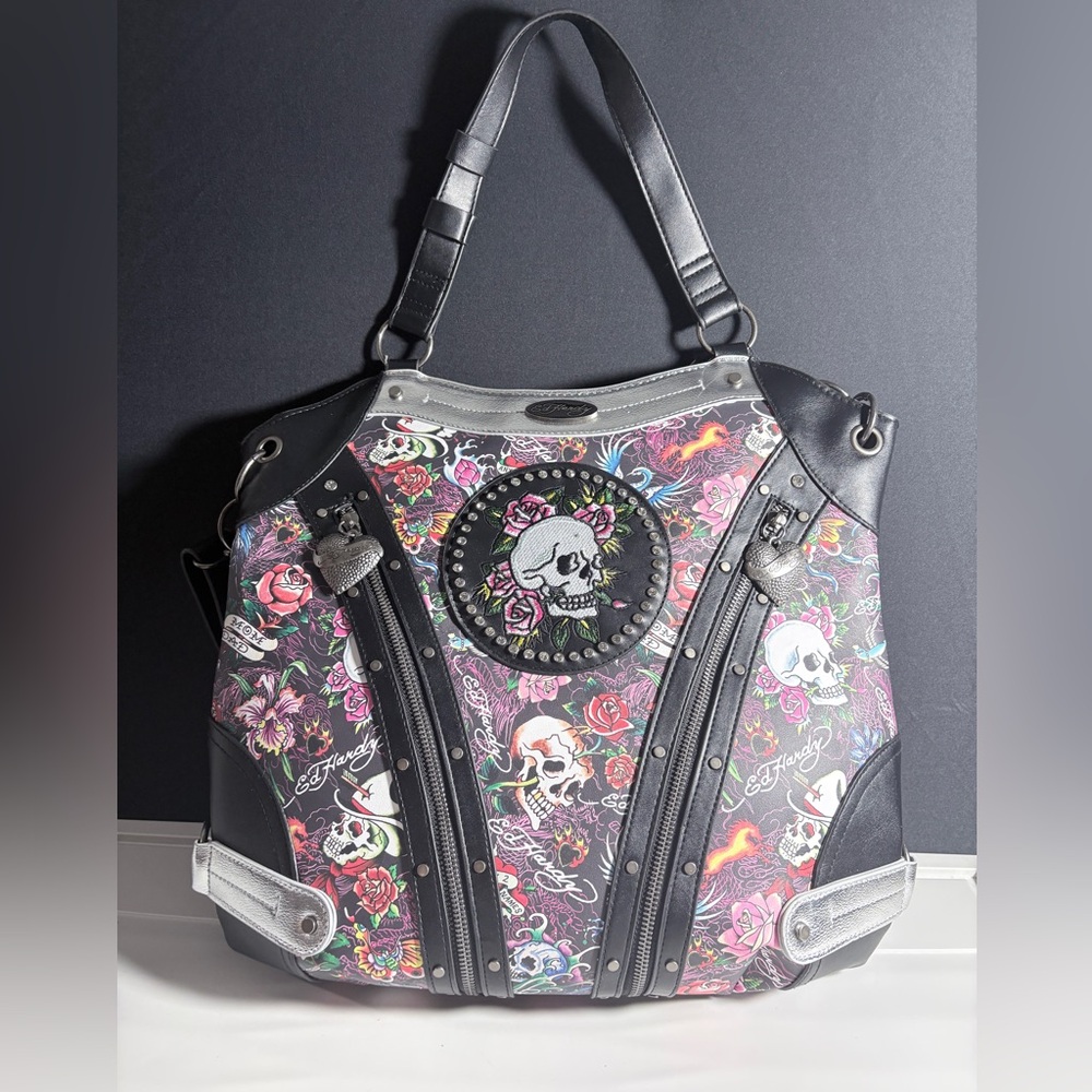 Ed Hardy Skull Tote W/ Xbody Strap Black Pink BNWT mL